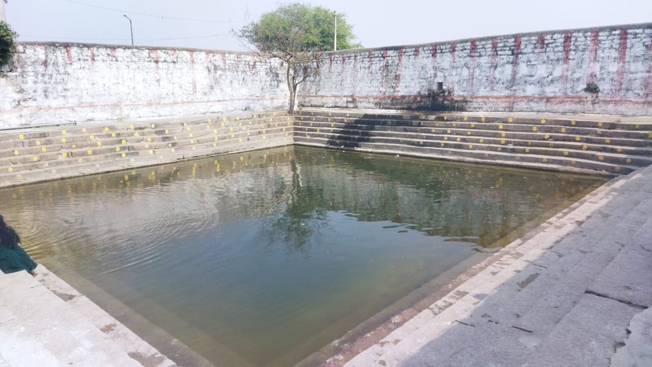 The stepped temple tank (pushkarini) beside the temple
